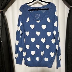 Torrid blue sweater with white hearts, scoop neck, long sleeved